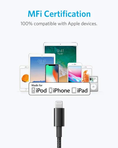 Vista 4 de Anker - Cable USB A a Lightning (1.8 m, 1 unidad), cable USB a Lightning de nailon certificado MFi para iPhone 14/13/12/11 Pro/11/XS MAX/XR/8/7/6s