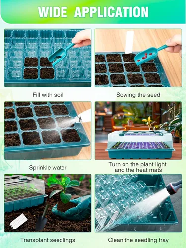 Vista 7 de Bandeja de inicio de semillas con luces de crecimiento y tapete térmico, medidor de suelo 3-en-1, bandeja de cultivo de semillas de 80 celdas