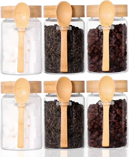 Vista 10 de Tarro de vidrio con tapa y cuchara de bambú, paquete de 8 recipientes de té de 10 onzas para té de hojas sueltas, recipientes de sal y azúcar