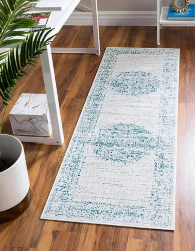 Unique Loom Aarhus Collection - Alfombra vintage con borde AAR003, 2 x 6 pies, crema/verde azulado