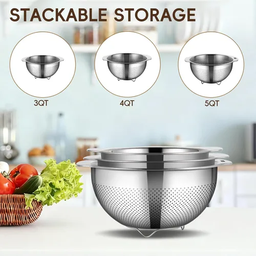 Vista 7 de GOLDEN KEY Juego de 3 coladores de acero inoxidable para cocina, 3 cuartos de galón, 4 cuartos de galón, 5 cuartos de galón, colador de varios