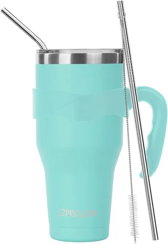 Vista 7 de Ezprogear Vaso de acero inoxidable de 40 onzas con aislamiento de doble pared con asa y tapa (azul)