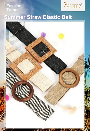 Vista 6 de JASGOOD Cinturones elásticos tejidos de paja para mujer, cinturones anchos bohemios trenzados con hebilla de estilo de madera