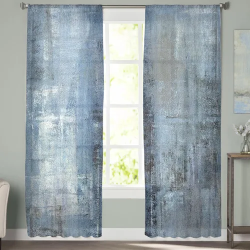 Vista 2 de Cortinas traslúcidas azules abstractas de 84 pulgadas de largo, juego de 2 paneles y cortinas semicortinas grises con bolsillo para barra de cocina