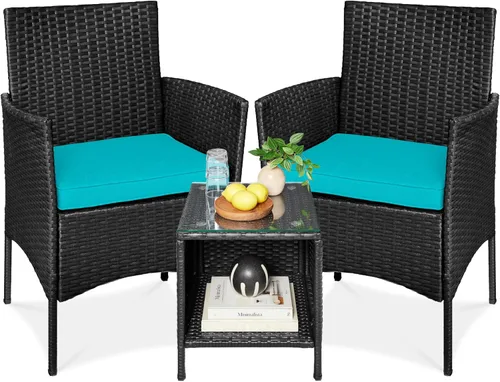 Vista 11 de Best Choice Products - Juego de 3 piezas de muebles de mimbre para conversación de patio, ahorrador de espacio, para jardín, con mesa auxiliar