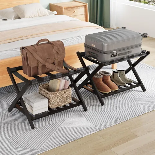 Vista 12 de Smuxee Portaequipajes de nogal totalmente montado, soporte de maleta plegable de bambú mejorado con 5 correas de nailon, soporte de equipaje