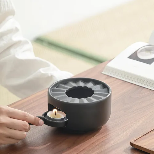 Vista 3 de Calentador de tetera de gres con cuchara de vela de seguridad, base de calentador de té de cerámica gruesa rústica con orificios de ventilación