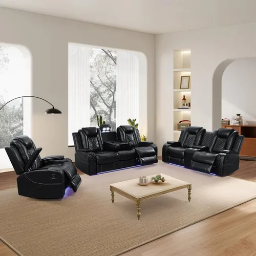 Vista 18 de Juego de sofá reclinable eléctrico para sala de estar, sofás reclinables de cuero blanco crema con puerto USB, sofá de cuero con sillón reclinable