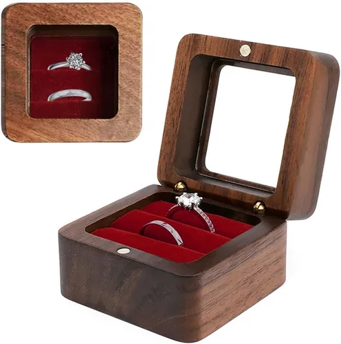 Vista 11 de Caja de madera para anillos grabada, caja de almacenamiento de joyas cuadrada rústica, caja de anillo vintage para ceremonia de boda, compromiso