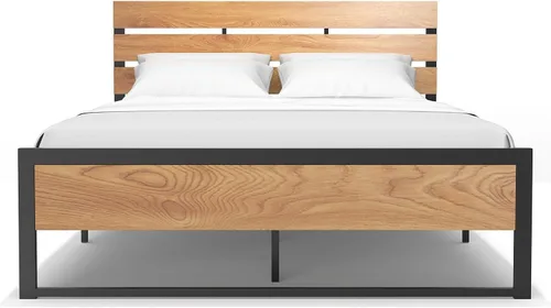 BONSOIR Base de cama tamaño King con plataforma de acero estable con cabecero de madera/estribo, no necesita somier, fácil montaje, sin chirridos