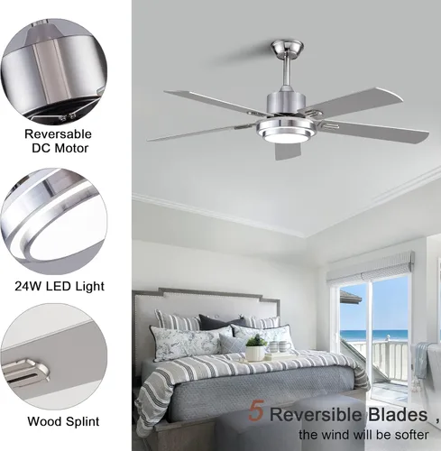 Vista 4 de Boomjoy Ventiladores de techo de madera de 52 pulgadas con luces y control remoto para interiores y exteriores, moderno ventilador de techo plateado