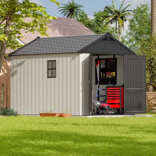 Vista 10 de Patiowell Cobertizo de almacenamiento para exteriores de 5 x 4 pies con piso, cobertizo de almacenamiento exterior de resina con piso y puerta