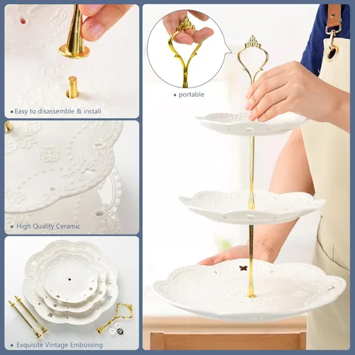 Vista 4 de Soporte de cerámica para cupcakes de 3 niveles, bandeja escalonada blanca para cupcakes, soporte de servicio de 3 niveles para fiesta de té