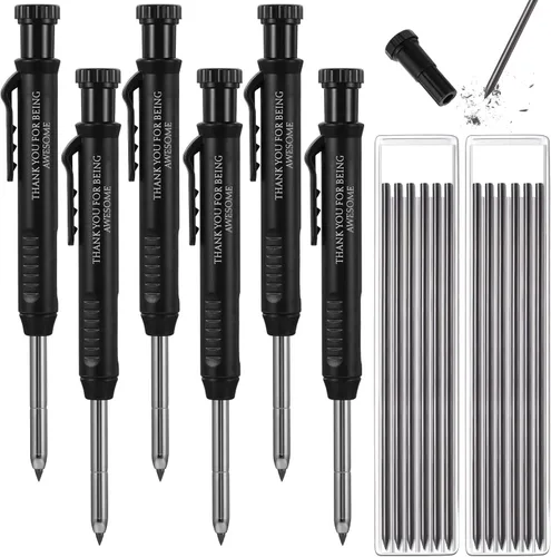 Colarr 10 lápices de carpintero mecánico con 60 recambios de agujeros profundos marcadores mecánicos con sacapuntas negro sólido para carpintería