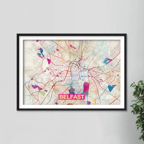 Vista 2 de Impresiones Mapa de Belfast - Impresión artística original (arco iris) - Mapa de la calle de la ciudad de Belfast, Irlanda - Póster de acuarela