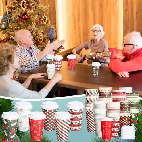 Vista 7 de Yaomiao Paquete de 90 tazas de café desechables de Navidad de 16 onzas con tapas, tazas de papel de Navidad a granel para bebidas de chocolate