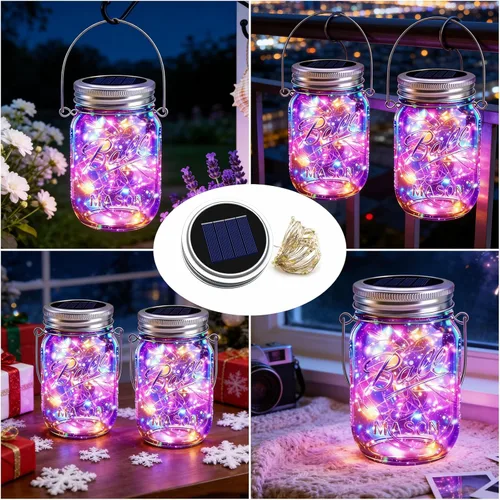Vista 3 de VOOKRY Paquete de 6 luces solares para tarros de masón, 30 tapas LED para tarros de masón, impermeables, con 6 ganchos (sin tarros), para patio al