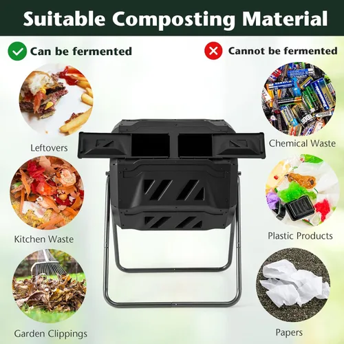 Vista 8 de Goplus Contenedor de compostaje de doble cámara para exteriores de 42 galones con 2 puertas corredizas, marco de metal resistente, compostador