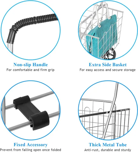 Vista 2 de IRONMAX Carrito de compras de comestibles, carrito plegable de gran resistencia con ruedas giratorias de 360° y cesta extra, carrito ligero