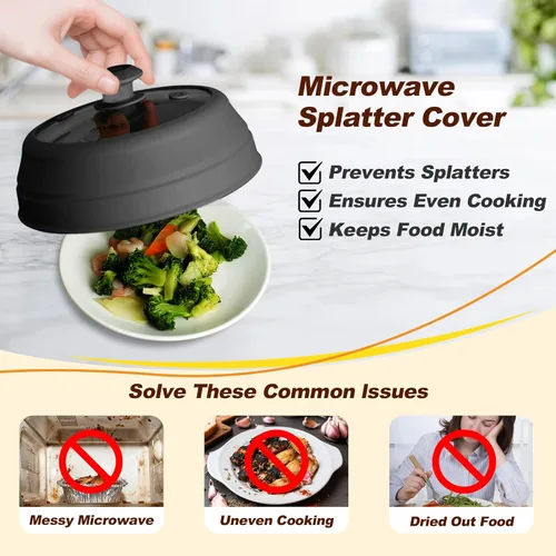 Vista 3 de FPVIER Cubierta plegable para salpicaduras de microondas - Tapa ventilada de silicona y vidrio con mango de fácil agarre, se ajusta a platos