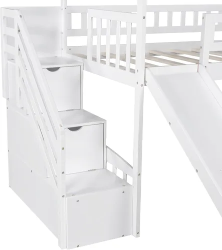 Vista 5 de Merax Cama tipo loft individual con dos cajones y tobogán, cama de madera con techo y barandillas para niños y niñas (blanco)