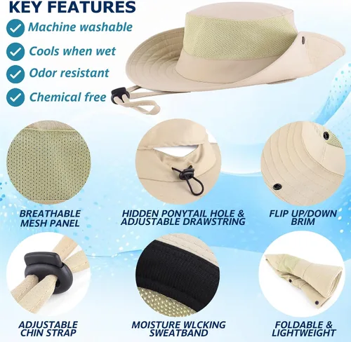 Vista 3 de Cooling Sun Bucket Hat, UPF 50+ Wide Brim Boonie Hat with Ponytail Hole 01 Beige