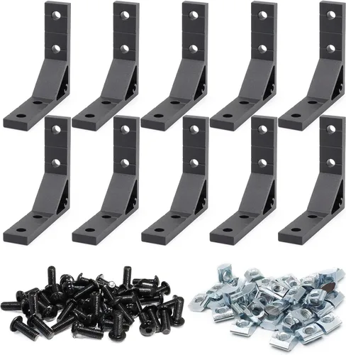 Vista 20 de 10 juegos de perfiles de extrusión de aluminio de la serie 2020, soportes en L de ángulo recto negro con tuercas y pernos de ranura en T M5