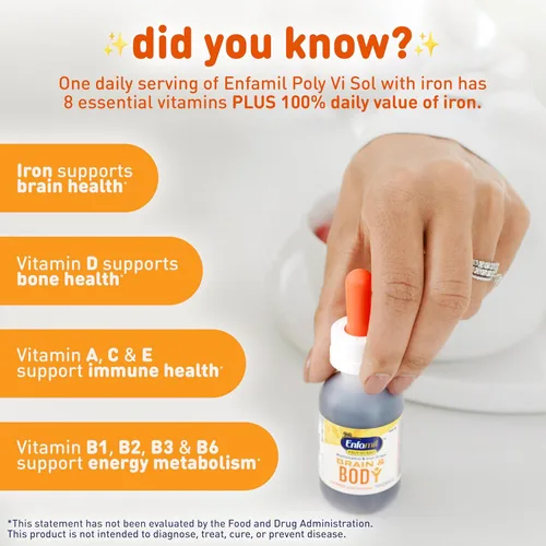 Vista 4 de Enfamil Poly-Vi-Sol con Hierro Gotas de Suplemento Multivitamínico para Bebés y Niños Pequeños, Frasco con Gotero de 50 mL (el Paquete Puede Variar)