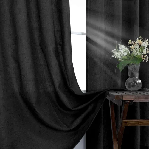 Vista 5 de KOUFALL Cortinas Transparentes Negras para Dormitorio Sala de Estar, Lino Boho Dorado Antiguo con Ojales Cortinas Góticas para Ventana Juego de 2