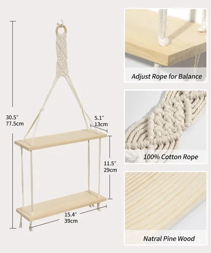 Vista 3 de Afuly Estante colgante de pared de macramé, estantes flotantes bohemios, cuerda de algodón, decoración rústica del hogar, 2 niveles, colgador