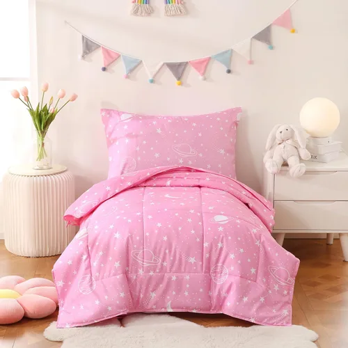 Vista 12 de JSD Juego de ropa de cama de sirena para niños pequeños, juego de sábanas de edredón de 4 piezas con temática oceánica, lavable a máquina