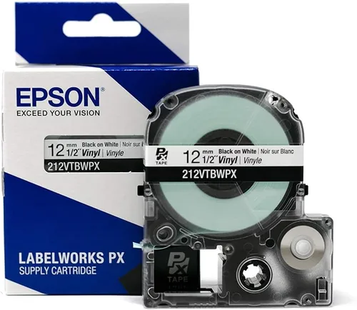 Epson LABELWORKS 212VTBWPX - Cartucho de cinta genuino, negro sobre blanco, cinta de etiquetadora industrial de vinilo flexible y duradera, 1/2"