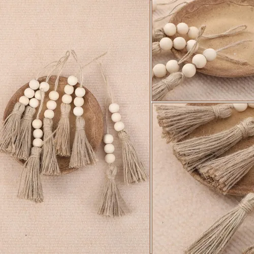 Vista 2 de Paquete de 20 borlas de cuerda de yute con 3 cuentas de madera, borlas de arpillera de cuerda de cáñamo para árbol de Navidad, manualidades, cuentas