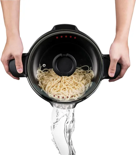 Vista 3 de MasterPan Olla antiadherente para pasta de 5 cuartos de galón con asas de bloqueo y colador fácil de verter, 9 pulgadas