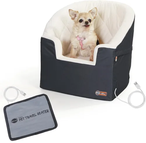 K&H Pet Products Asiento elevador de cubo para perros pequeños y medianos - Asiento de coche lavable y calefactable con correas de seguridad - Carbón