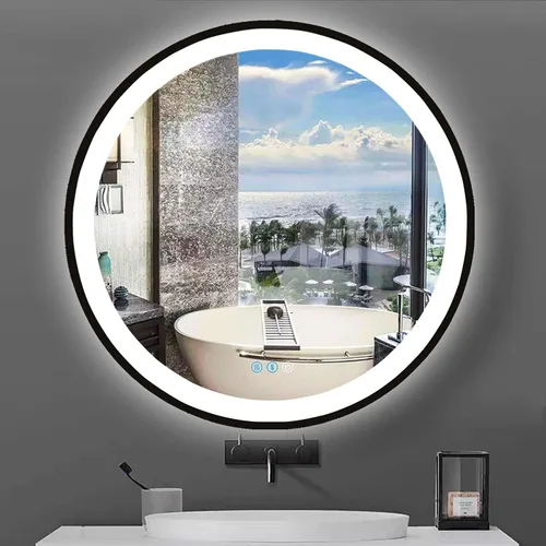 Vista 8 de Espejo de tocador iluminado redondo negro de 20 pulgadas con luces, marco negro, espejo LED redondo para pared de baño, 3 colores, brillo ajustable