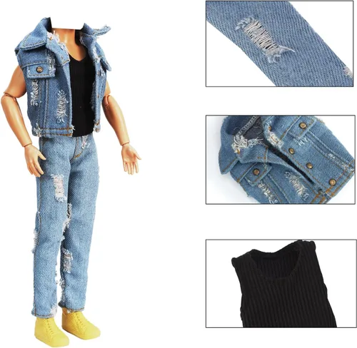 Vista 7 de E-TING 3-artículo Chaleco de mezclilla rasgado chaqueta trajes casuales para muñeca de niño de 12 pulgadas