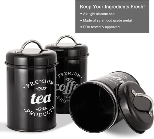 Vista 3 de Juego de 3 tarros de almacenamiento de alimentos, recipiente hermético para café, organizador de té y recipiente de azúcar, decoración rústica