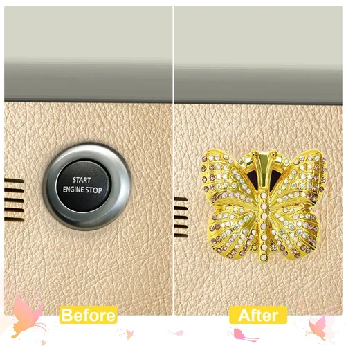 Vista 5 de Cubierta para botón de arranque de automóvil, con diamantes de imitación de mariposa, bonita cubierta protectora de encendido para botón