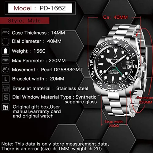 Vista 6 de Pagani Design GMT - Reloj mecánico de cristal de zafiro de lujo reloj automático resistente al agua de acero inoxidable de 157 pulgadas 1662