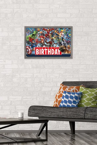 Vista 2 de Trends International Marvel - Póster de pared de feliz cumpleaños, 22.4 pulgadas de largo x 14.7 pulgadas, versión enmarcada en madera de granero