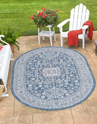 Vista 150 de Unique Loom Outdoor Aztec Collection Alfombra de área - Chalca (10 pies, redonda, azul/marfil)