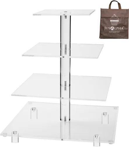 Vista 2 de Jusalpha, soporte de acrílico para pastel, cuadrado y resistente, con 4 niveles, torre para exhibir postres, Transparente
