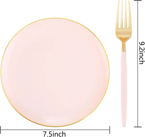 Vista 9 de LIYH 96 piezas de platos desechables de postre y tenedores de oro rosa - Juego de platos de plástico de 19 cm para ensalada, pastel y aperitivos