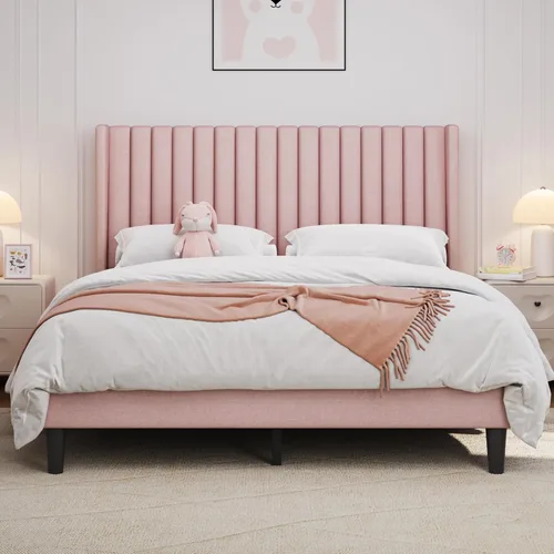 Vista 15 de Yaheetech - Base de cama tamaño queen con plataforma tapizada y cabecera de tela, diseño de borde ala, antideslizante y silenciosa, soporte de Negro