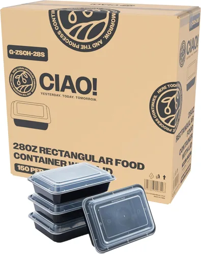 Vista 14 de CIAO! Contenedor de alimentos redondo negro moldeado por inyección de peso pesado de 24 oz con tapa (150/caja)