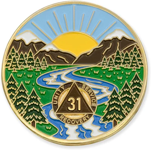 Vista 65 de Moneda AA de 1 año – Medallón de recuperación de ondas estrelladas de Sobriety Mint – azul/blanco/dorado