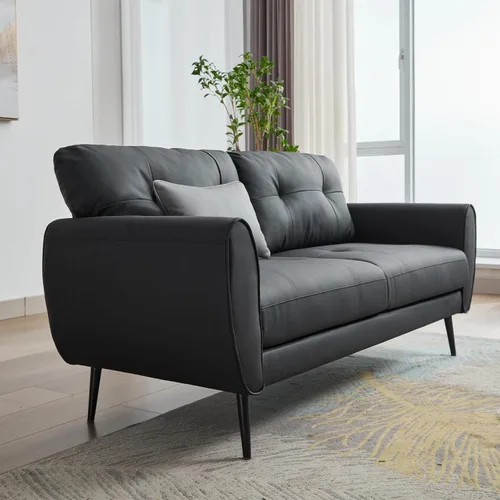 Vista 3 de TYBOATLE Sofá de sofá de 61 pulgadas de cuero sintético negro, sofá de dos plazas pequeño para sala de estar, sofá de estilo moderno de mediados