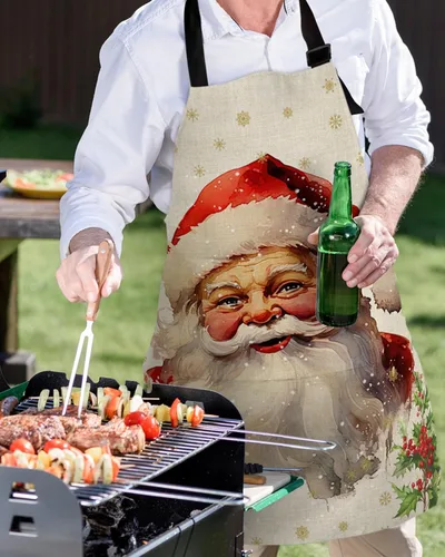 Vista 5 de Christmas Bib Aprons with Pockets Waterproof, Adjustable Apron for Men Women Xmas Santa Berry Botanical Winter Snowflake
