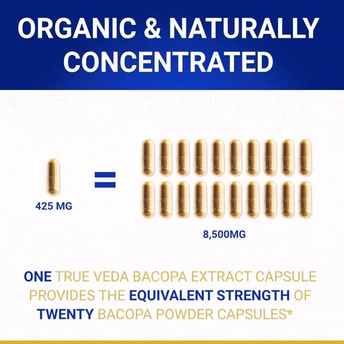 Vista 3 de True Veda Suplemento orgánico de bacopa monnieri Extracto de bacopa premium Cápsulas Brahmi orgánicas certificadas por USDA con 50% de bacosidos